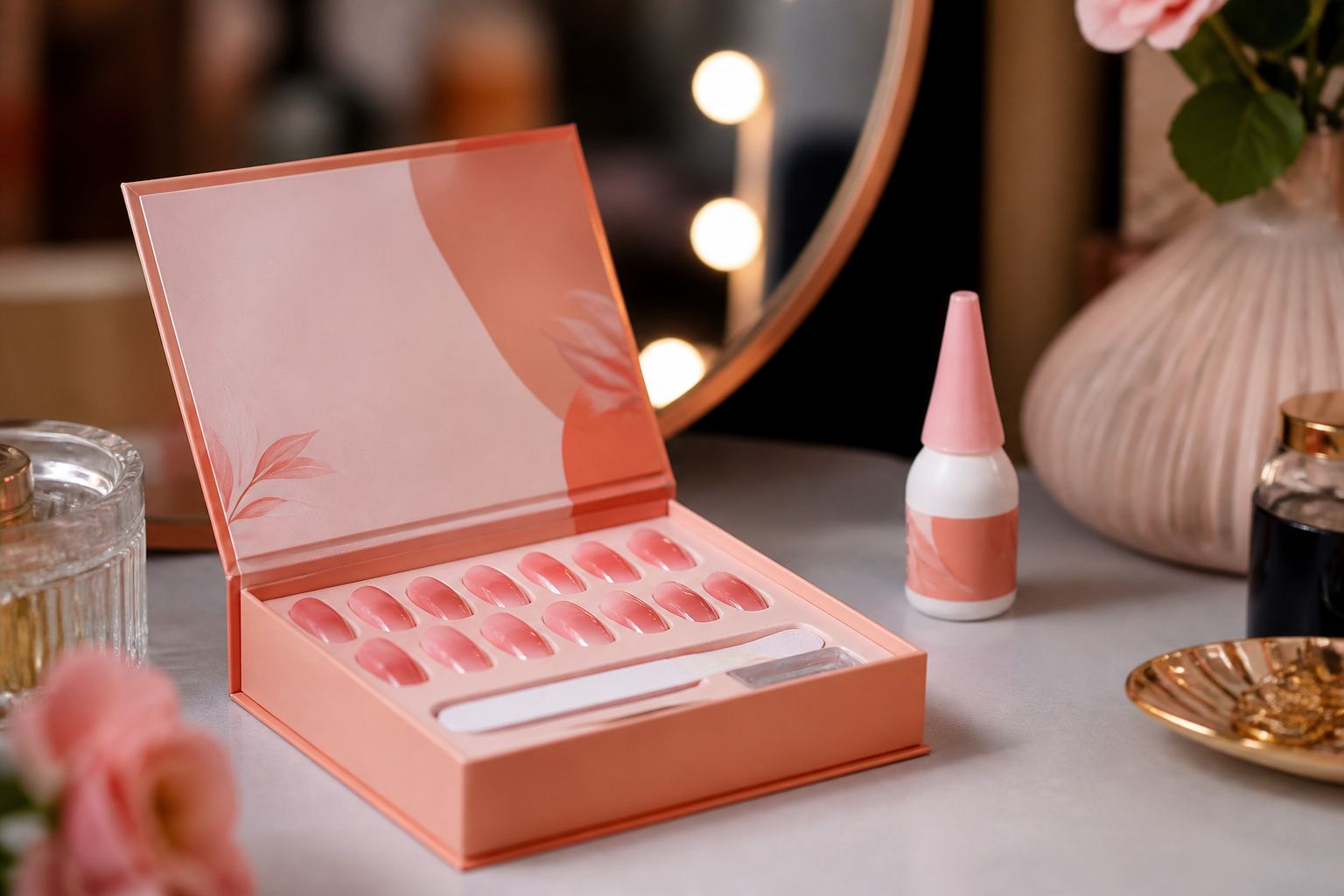 Happy Nails kits on a vanity